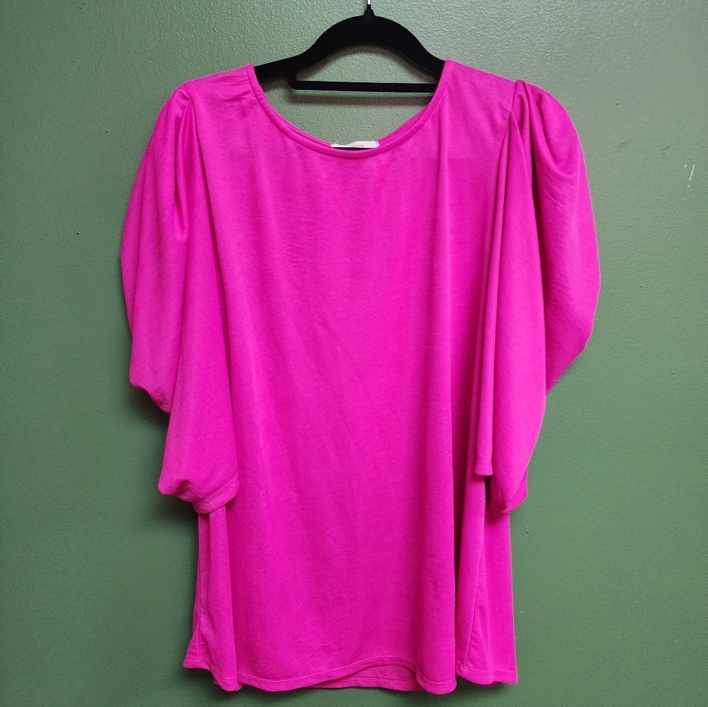 Hot Pink Puff Sleeve Knit Top | Short Sleeve